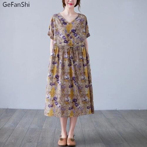 New 2021 Summer Womens Dress Plus Size Fashion Floral Print Cotton Linen Short Sleeve O-Neck Casual Loose Ladies M-XXL Pink