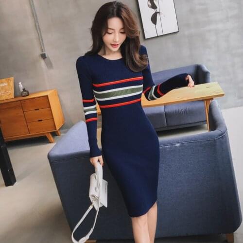 2021 Autumn Winter Elegant Striped Knitted Pencil Bodycon Dress Women Long Sleeve Stretch Sheath Dresses Bottoming Vestidos