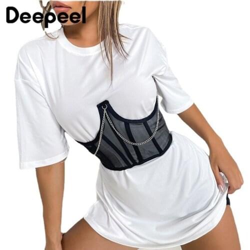 Deepeel 1pc XS/S/M/L Women Mesh Lace Patchwork Cummerbunds Metal Chain Decoration Female Waist Corset Luxury Belt with Dress