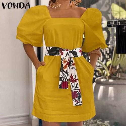 VONDA 2021 Summer Women Sundress Elegant Office Dress Square Collar Sexy Mini Dress Vintage Belted Party Vestidos Robe Femme