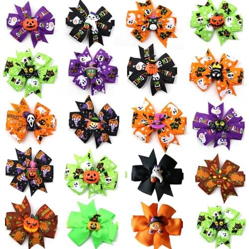 60pcs Pumpkin Skull Pet Supplies Halloween Pet Cat Puppy Grooming Accessories Small Dog Bowties Neckties Pet Holiday Bow Tie