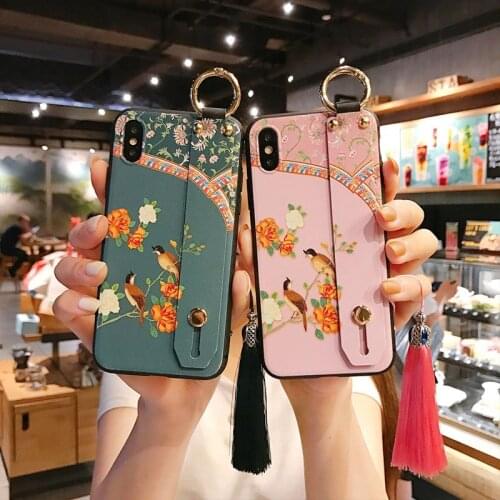 Flower Bird Embossed Phone Case for iPhone SE2 X XS XR 11 Pro MAX 6 7 8 Plus Soft Matte Capa Wrist Strap Cases Tassel Covers