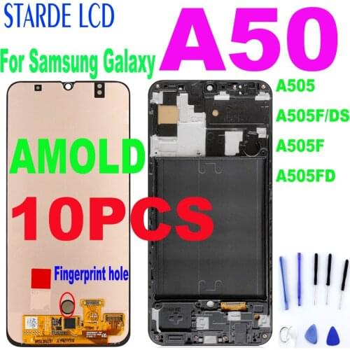 10PCS AMOLED For Samsung Galaxy A50 SM-A505FN/DS A505F/DS A505 LCD Display Touch Screen Digitizer With Frame For Samsung A50 lcd