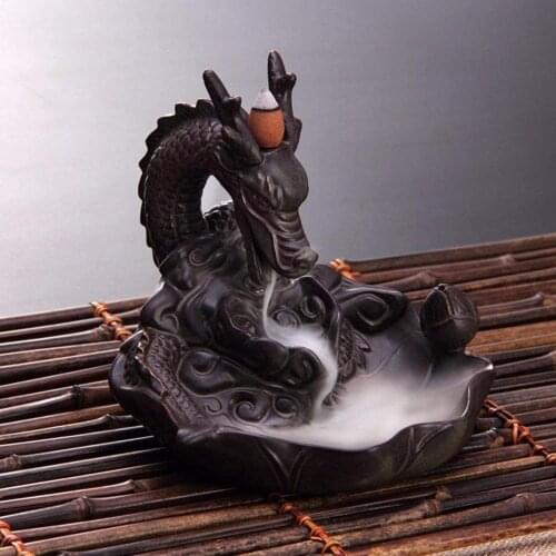 Ceramic Creative Backflow Incense Burner Smoke Encens Holder ''Dragon Lotus Pond'' Buddhist Supplies