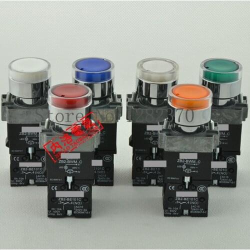 [ZOB] Authentic original illuminated pushbutton switch 22mm ZB2-BWM..C R G B Y W self-reset AC220V 1 normally open --10pcs/lot