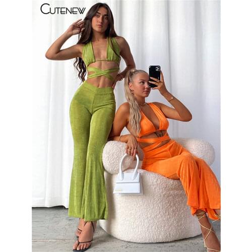 Cutenew Solid Two Piece Set Women Outfit Sexy V-Neck Criss-Cross Cleavage Crop Top+Vintage High Waist Pants Sexy Club Streetwear