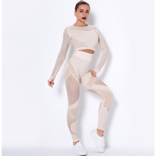 Woman Workout Clothes Seamless Mesh Suit Fitness Clothes Gym Set Long Sleeve Top And Leggings Set Women Sports Suits