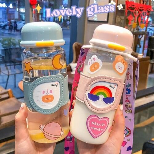 Cute Cartoon Transparent Glass Water Bottle Creative Anti Scalding Cup Cover Glass Tea Cups Large Capacity Sport Drinking Bottle