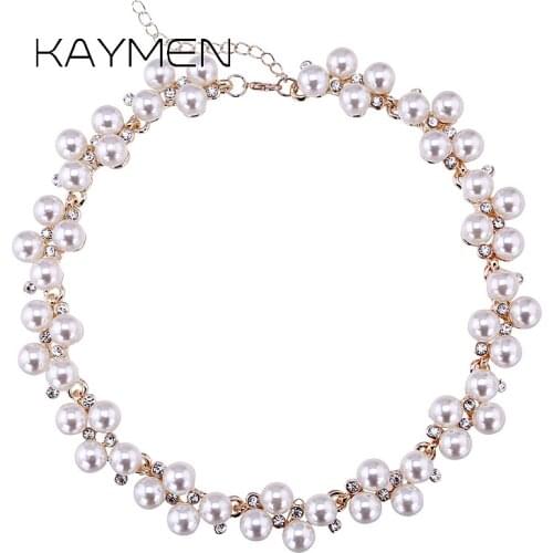 KAYMEN New Inlaid Rhinestones and Imitation Pearls Fashion Necklace for Women Golden Plated Chokers Necklace Wedding Bijou 1512