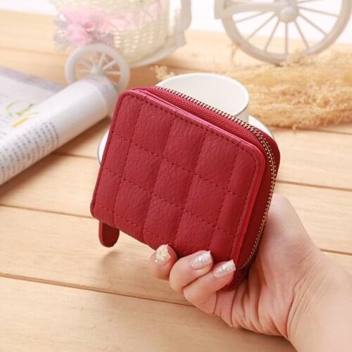 Fashion plaid ladies small purse leather short womens purses coins and cards square zipper female money bag New womens wallet