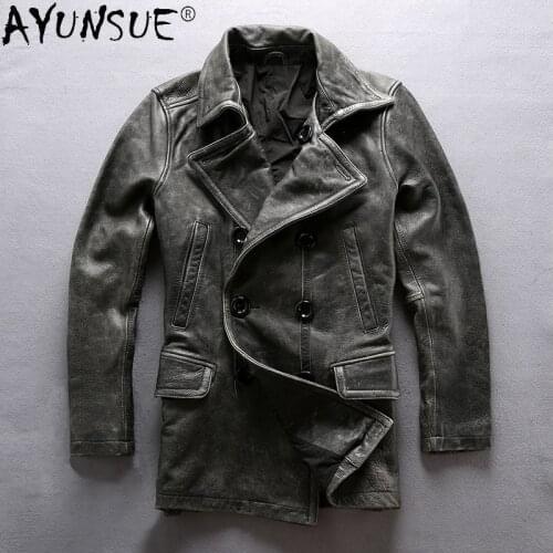 AYUNSUE Genuine Leather Jacket Men Clothing 5XL Real Cowhide Leather Vintage Mens Windbreaker Thick Clothes Hommes Veste LXR892