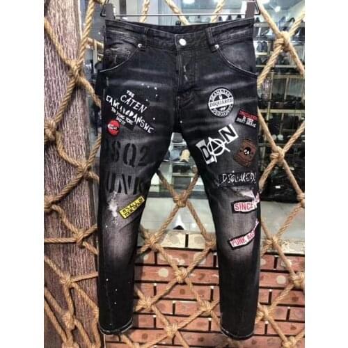2021 Fashion Trend Dsquared2 Mens Ripped Paint Dot Motorcycle Jeans *9605
