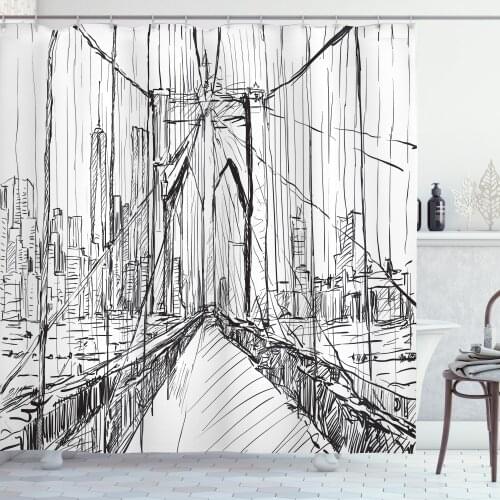 New York Bridge Sketch Shower Curtain Set Monochrome Scribble Curtain for Bathroom Decor 12 Hooks Decorative Bath Accessory