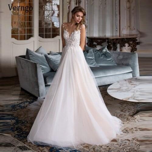 Verngo A Line Tulle Skirt Lace Wedding Dress 2021 Vestido De Novia Floral Applique Stars Graceful Bride Gown Blush Color Wedding
