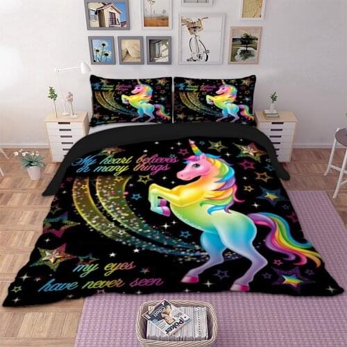 Dropshipping Duvet Cover Rainbow Unicorn Fairytale with Sparkling Stars 3D Digital Printing Bedding Sets Black Background