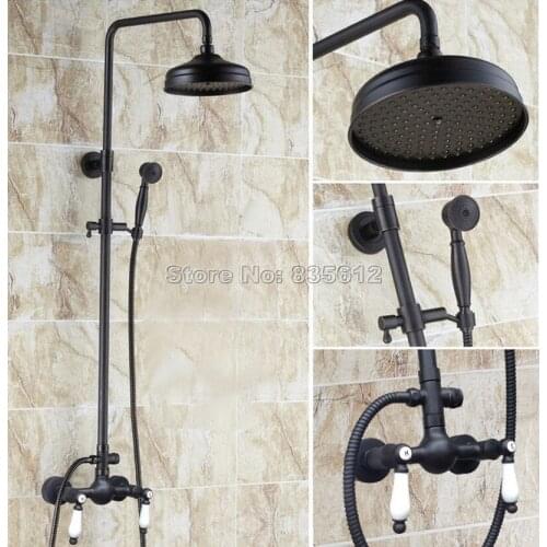 Black Oil Rubbed Bronze Finish 8 inch Shower Heads Rainfall Faucet Set Bathroom Wall Mount Ceramic Handles Mixer Taps Wrs477