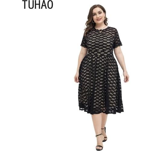 TUHAO Woman Dresses 3XL 4XL 5XL Womens Office Lady OL Dress Plus Size Short Sleeve Lace High Waist Dress for Moman Mom Vestidos
