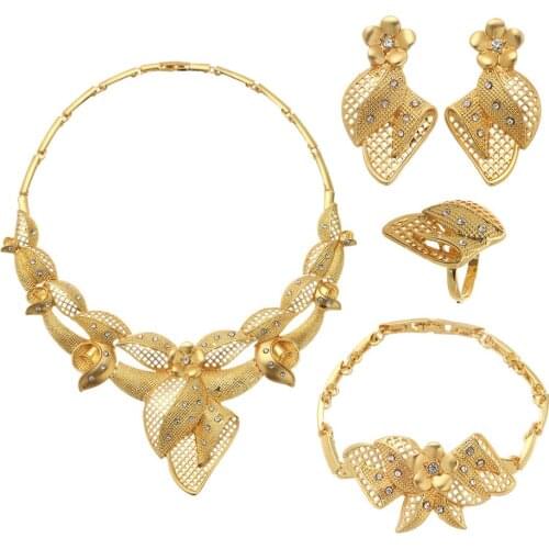 Jewelry Sets New Dubai 24K Gold Color Ornament for Women Necklace Earrings Bracelet Ring African Wedding Wife Gifts Jewelry Set