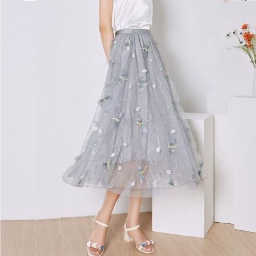 Dragonfly Print Mesh Long Maxi Skirt Women Summer Butterfly Embroidery High Waist Skirt Female A-Line Vestidos for Women