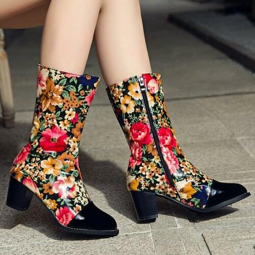 New Fashion Printing Womens Shoes Patent Leather Square Heel High Heels Round Toe Mid-Calf Ladies Boots Fall Winter Warm Boots