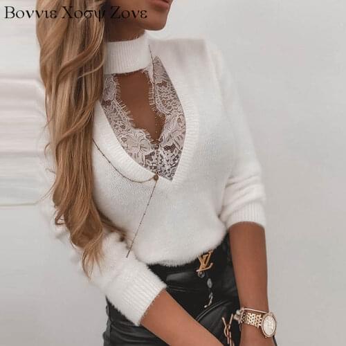 Women Eyelash Lace High Neck Long Sleeve Casual Sweater Plain Patchwork Top