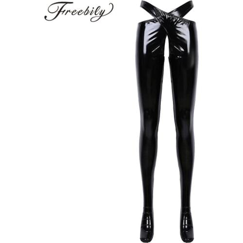 Womens Lingerie Sexy Open Crotch Pants Patent Leather Erotic Skinny Trousers Pants with Waistband Crotchless Leggings Nightwear