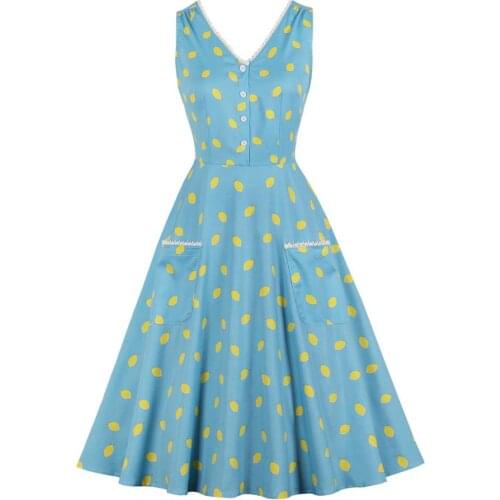 SISHION Sleeveless Sexy Double V Neck Women Dress VD1477 Lemon Print Light Blue Swing A Line Party Summer Dress with Pockets