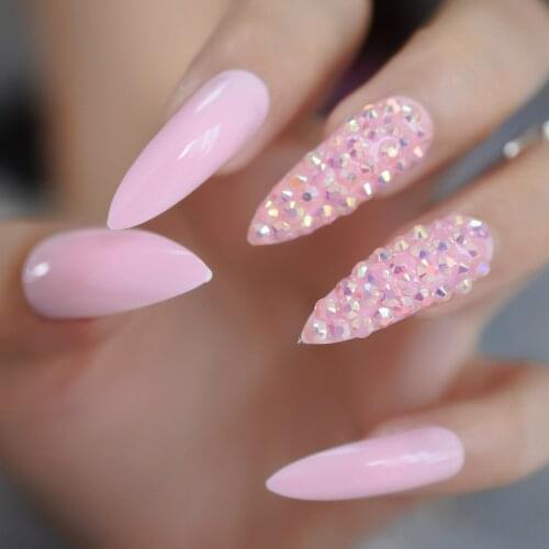 3D Rhinestones Soft Pink Stiletto False Nails Extra Long Oval Sharp End UV Gel Press on Daily Office Finger Wear Salon Nails