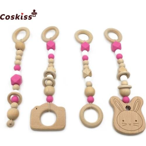 Baby Teether Toy Wooden 4 Pcs Set Baby Gym Toy Woody Animals Ring BPA Free Silicone Beads Maple Beads Charms Wooden Teether Toy