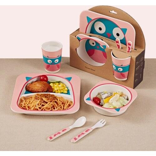 5pcs/set Cartoon Animal Dinner Plates Plate+Bow+Fork+Cup Baby Dinnerware Set Bamboo Fibe Children Feeding Container Tableware Se