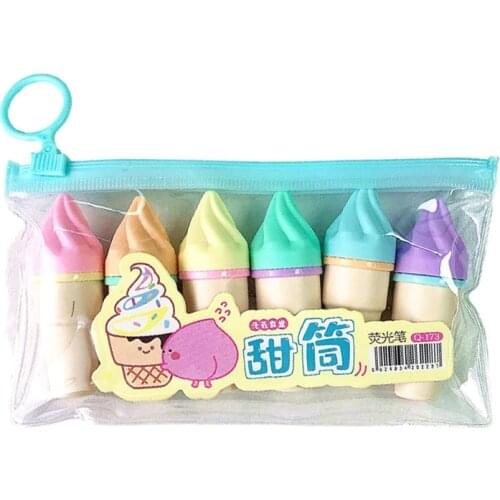 6pcs Cute Mini Highlighter Pen Kawaii Cartoon Ice Cream Shape Fluorescent Marker Pens School Office Stationery Supply