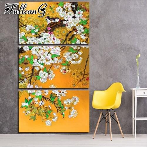FULLCANG 5d diy diamond embroidery white flowers and birds diamond painting triptych full square round drill home decor FC1993