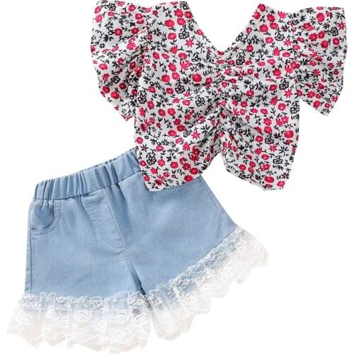 Citgeett Summer Kids Baby Girls Suit Set Flower Print V-Neck Short Sleeve Tops+ Lace Denim Shorts Clothes Set 1-6Years