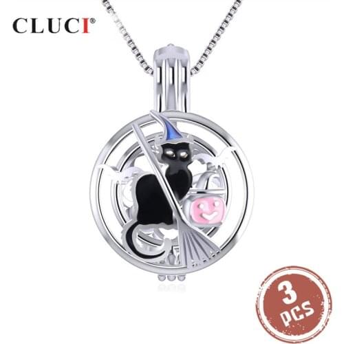 CLUCI 3pcs Silver 925 Halloween Pendant Black Witch Cat Round Shaped Charms Pendant Women 925 Sterling Silver Jewelry SC314SB