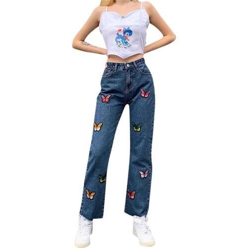 Lady girl style high waist show thin Butterfly Embroidery straight leg lady jeans positioning printing pants pantalon femme