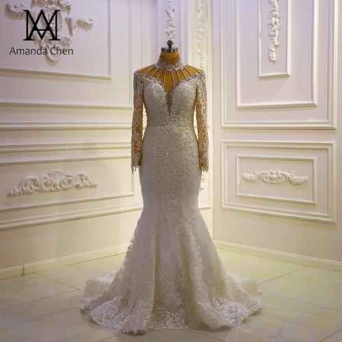 Robes High Neck Full Sleeve Luxury Mermaid Lace Pearls Wedding Dress