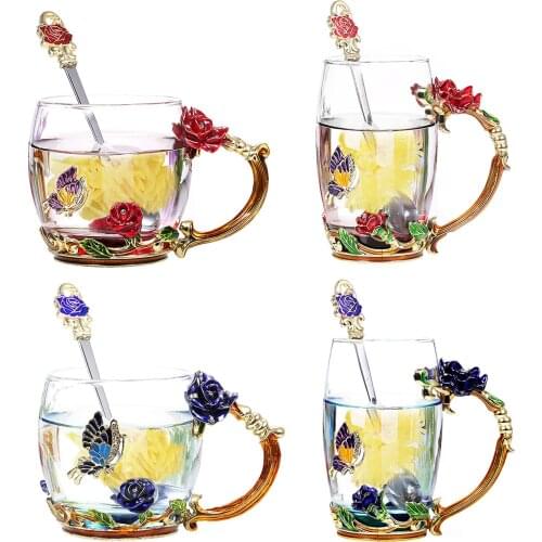 320ml /350mlClass Mugs Enamel Flower Glass Cup Heat Insulation Tea Clear Cups Coffee Drinkware Drink Cups With Spoon Clean Cloth