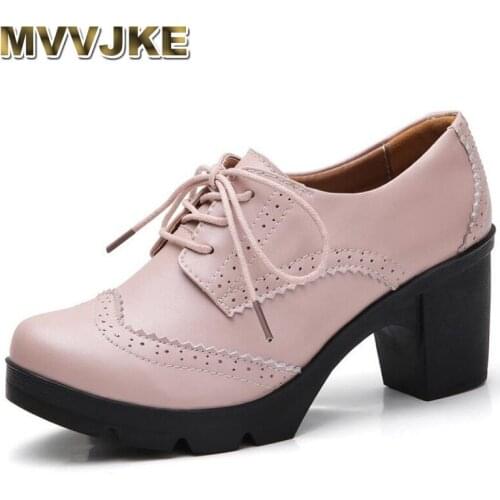 MVVJKENew women pumps bullock shoes genuine leather round toe lace up 7cm thick high heel shallow solid casual woman shoes big