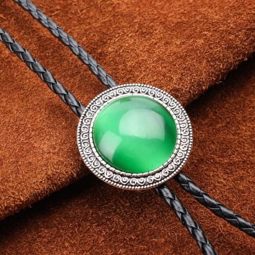 Original Western Cowboy BOLO Tie Clip Middle Inlay Green Jade Wavy lace PU Leather Rope Mens Fashion Jewelry
