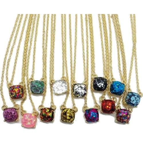 14 Colors Small Square Pendant Necklace New York Fashion Glittery Opal Necklaces Gold Color Brand Jewelry for Women