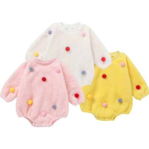 Infant Baby Girls Plush Romper Soft Round Neck Long Sleeve Hairballs Jumpsuit Winter Warm One Pieces Suit White Pink 0-24M