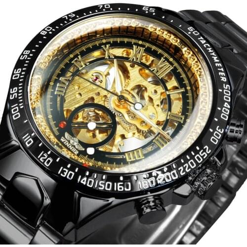 WINNER Official Brand Luxury Gold Watch Men Automatic Mechanical Business Watches Skeleton Dial Steel Strap Classic Wristwatches