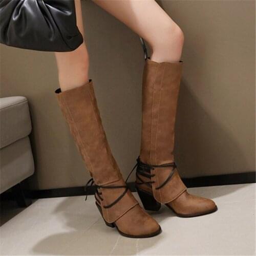 PXELENA 2020 Hot Office Lady Knee High Riding Boots Chunky High Heels Shoes Cross tied Western Cowboy Long Boots Plus Size 34-43