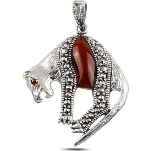 Silver 925 Sterling Tiger Red Agate & Marcasite Pendant