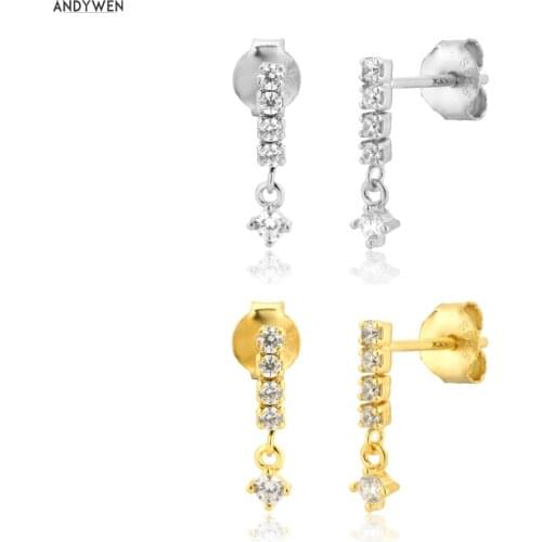 ANDYWEN 925 Sterling Silver Line Clear CZ Charm Stud Earring Piercing Luxury Crystal Pendiente Jewelry For Spain DropShipping