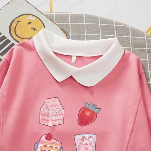 Strawberry Milk Hoodies Plus Size Women Kawaii Clothing Aesthetic Sweatshirt Cutesy Japanese Woman Turn-down Collar Sweatshirts
