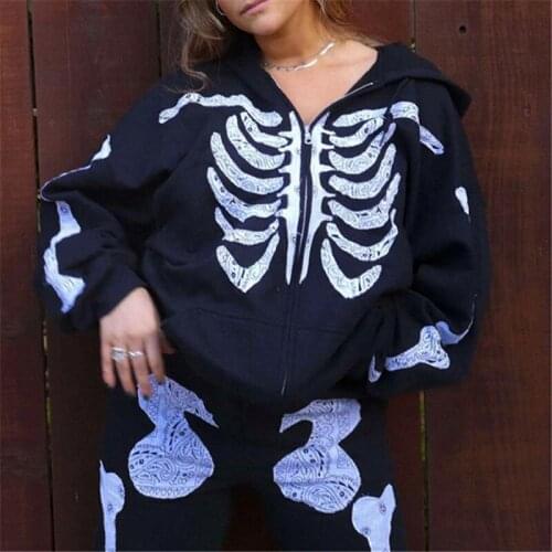 Vintage Jacket Gothic Grunge Fairy Aesthetic Skull Bones Printed Sweatshirt Zipper Up Long Sleeve Hoodies Autumn Coat Tops Y2K