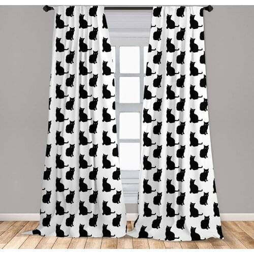 Cat Window Curtain Black Cat on White Backdrop Playful Friendly Animals Posing Domestic Pets Lightweightative with Rod Pocket