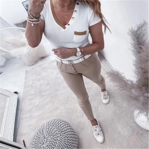 Summer Knitted Elegnat T Shirt Women Short Sleeve Pocket Skinny Tee Tops Ladies V-Neck Solid Casual Pullovers Tops Drop Shipping