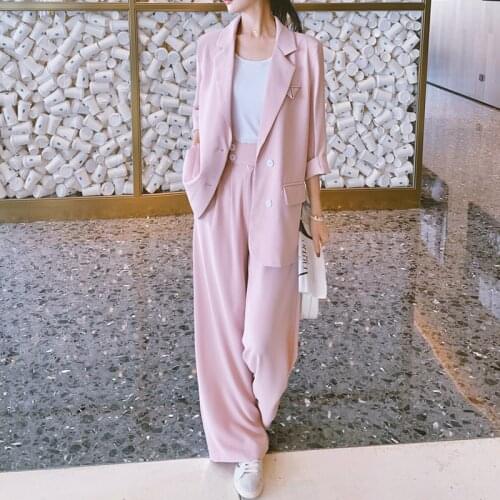 Summer New Women Womens Set Half Sleeve Loose Blazers Wide Leg Pants Suit Two Piece Set Office Work Casual Lady Outfits